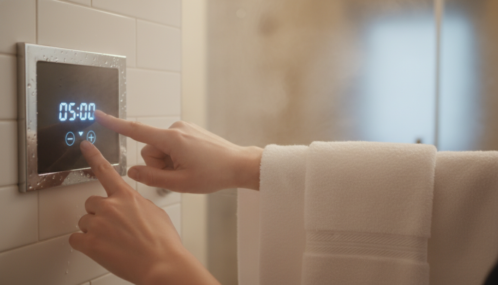 Person setting a timer on a towel warmer, demonstrating ease of use of best towel warmer 2026 models