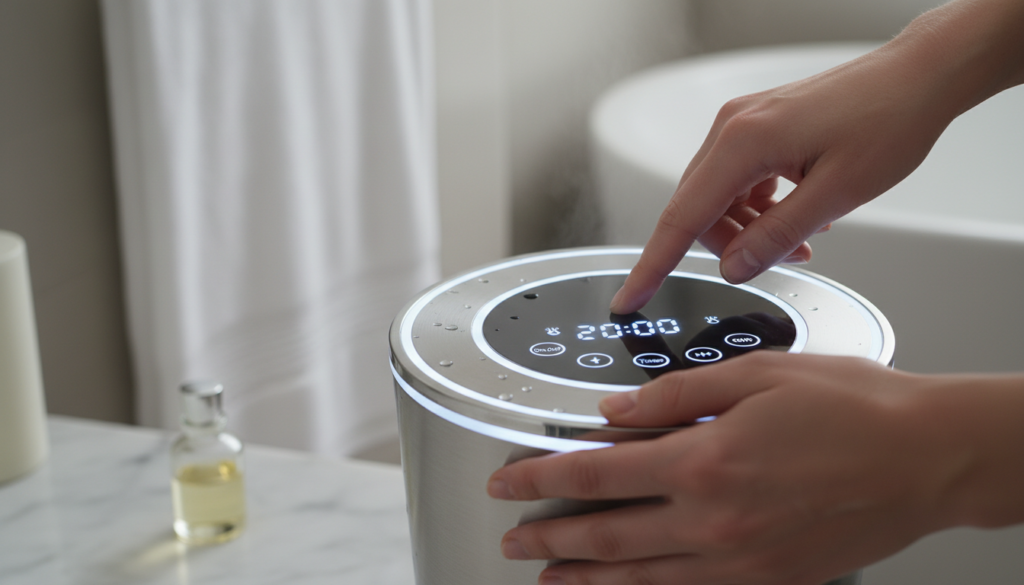 Person setting timer on a bucket-style towel warmer before shower