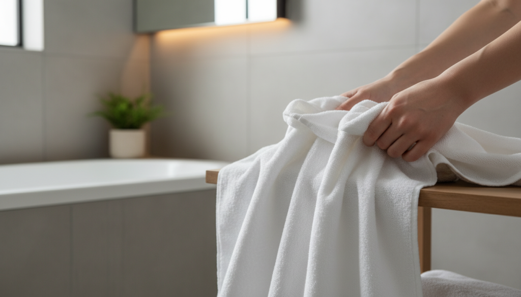 Person setting up towel in bathroom showing proper usage