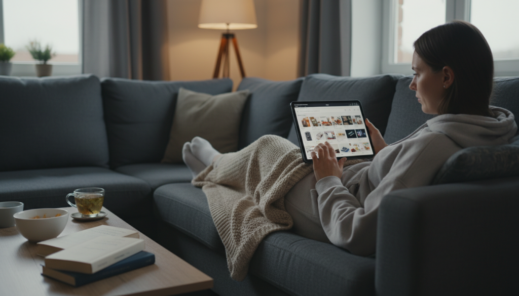 Person shopping for a towel warmer on Amazon using a tablet Person shopping for a towel warmer on Amazon using a tablet