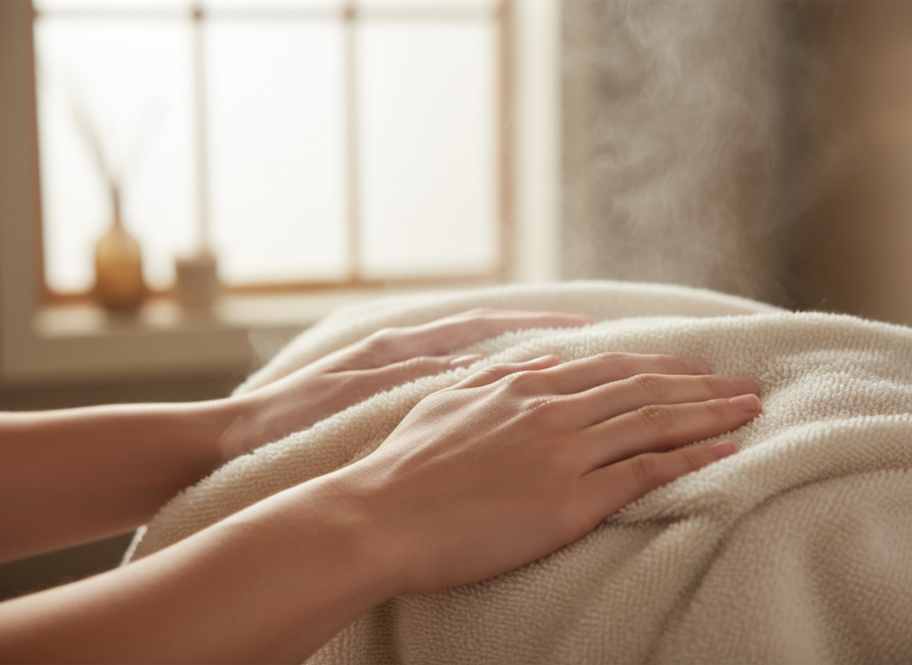 Person touching a warm towel with expression of comfort and satisfaction Person touching a warm towel with expression of comfort and satisfaction