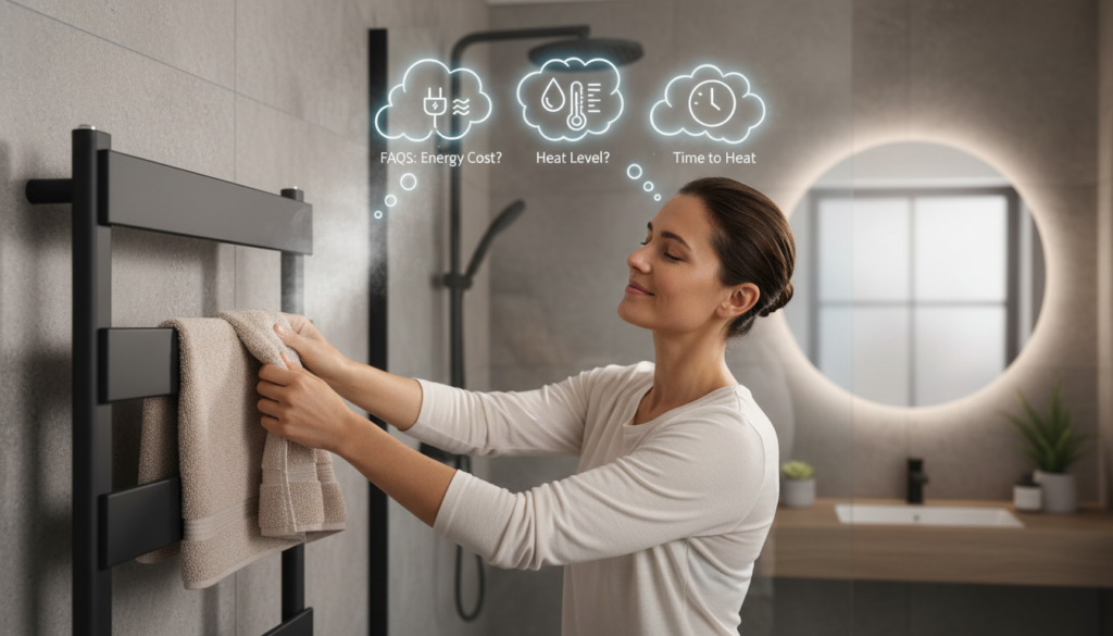 Person using a heated towel rail with FAQ information