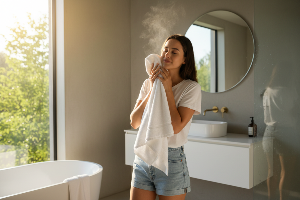 Person using a towel warmer in summer, highlighting the year-round usability of electric models compared to hydronic towel warmers