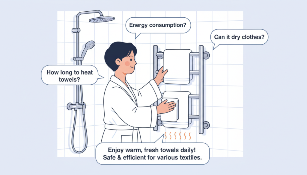 Person using a towel warmer with common questions illustrated