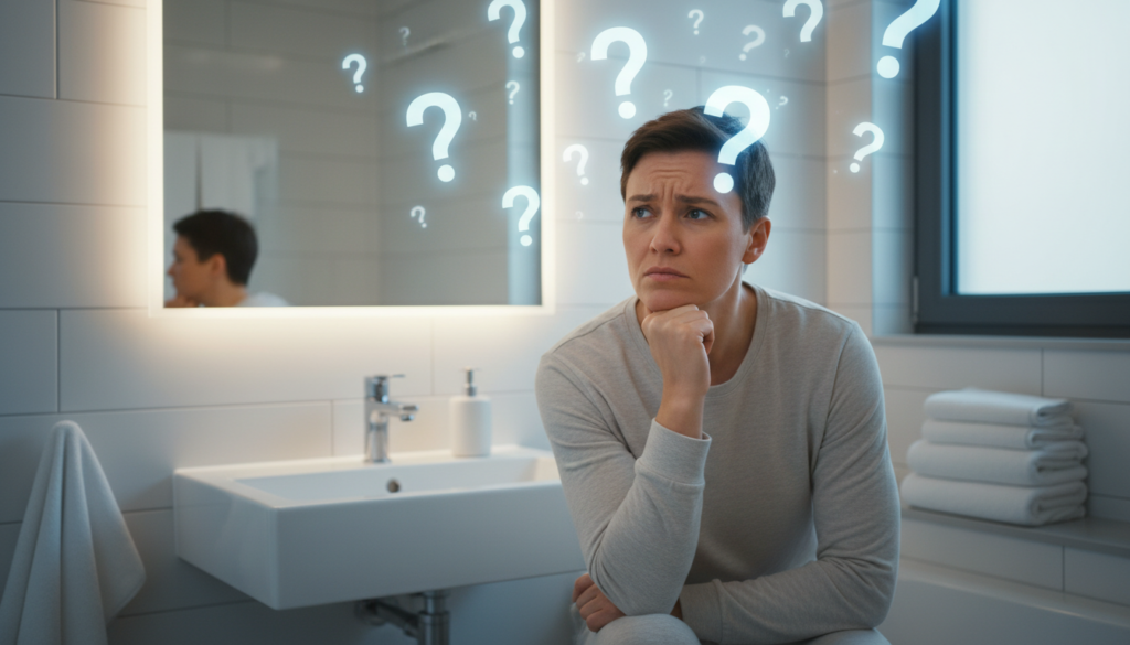 Person using a towel warmer with common questions illustrated Person using a towel warmer with common questions illustrated