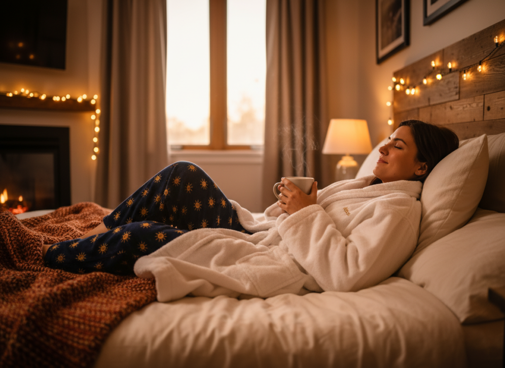 Person wearing warm pajamas heated in a towel warmer