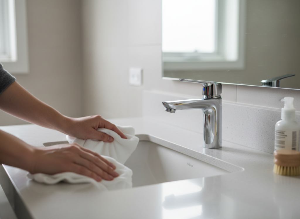 Person wiping down bathroom fixtures, representing proper maintenance of a towel warmer Person wiping down bathroom fixtures, representing proper maintenance of a towel warmer