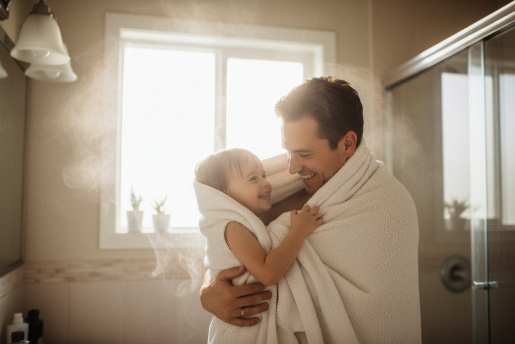 Person wrapping child in warm towel showing family use case
