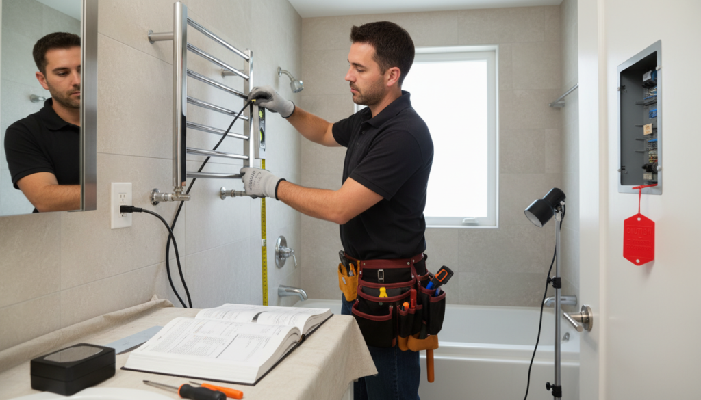 Professional installation of a heated towel rack with safety measures highlighted
