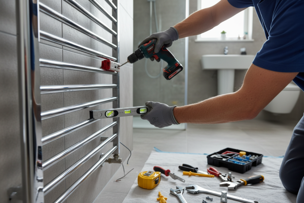 Professional installing a runtal towel warmer in a bathroom