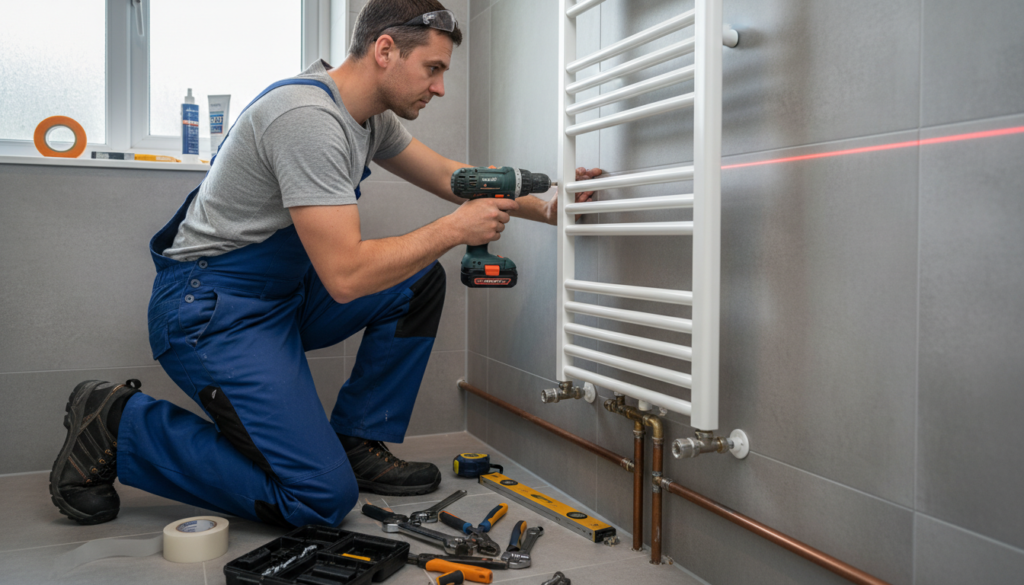 Professional installing a towel radiator in a bathroom