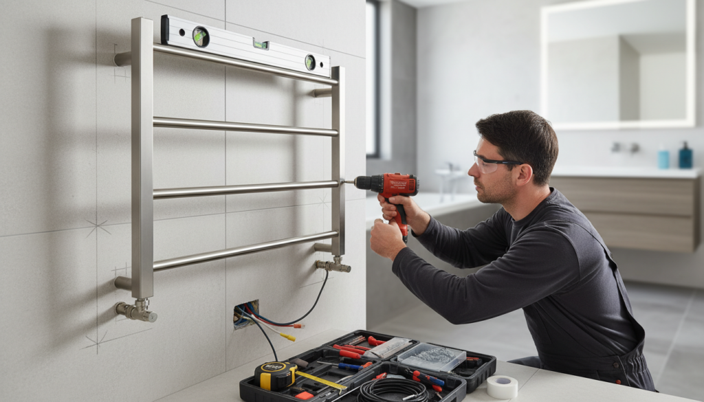 Proper installation of a heated towel rail in a bathroom