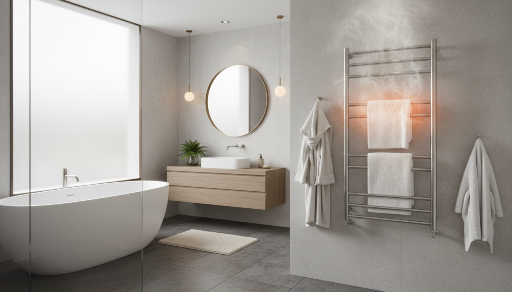 Real bathroom with heated towel rail as primary heat source Real bathroom with heated towel rail as primary heat source