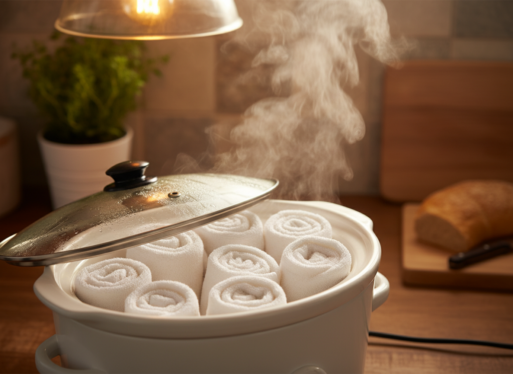 Rolled towels in a slow cooker demonstrating how to heat towels for longer periods