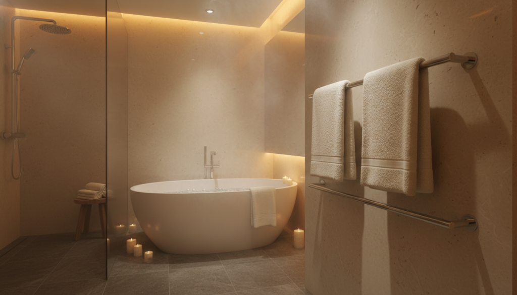 Runtal towel warmer providing warmth in a luxury bathroom setting