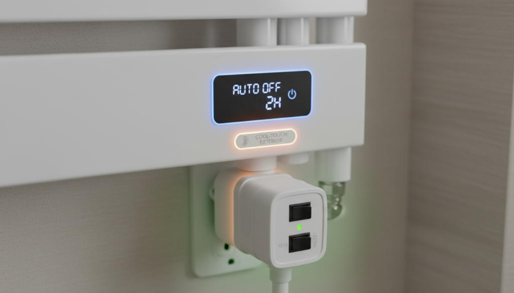 Safety features of a heated towel rail highlighted