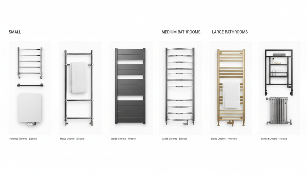 Selection of recommended heated towel rails for different bathroom sizes Selection of recommended heated towel rails for different bathroom sizes