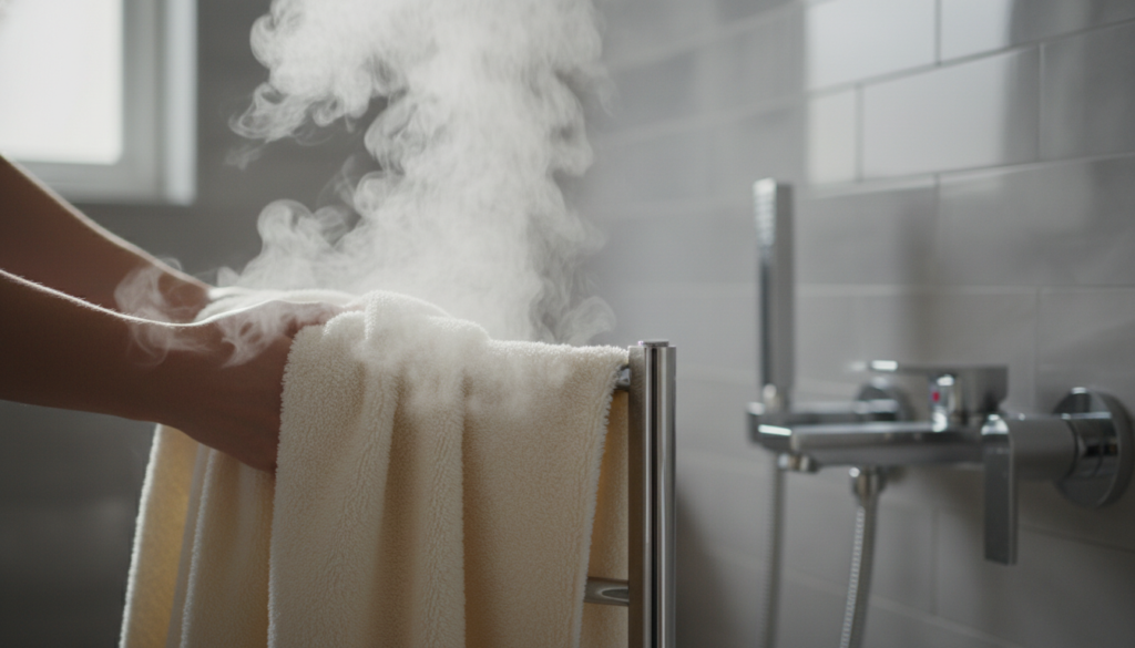SereneLife portable towel warmer in use showing warm towels being removed