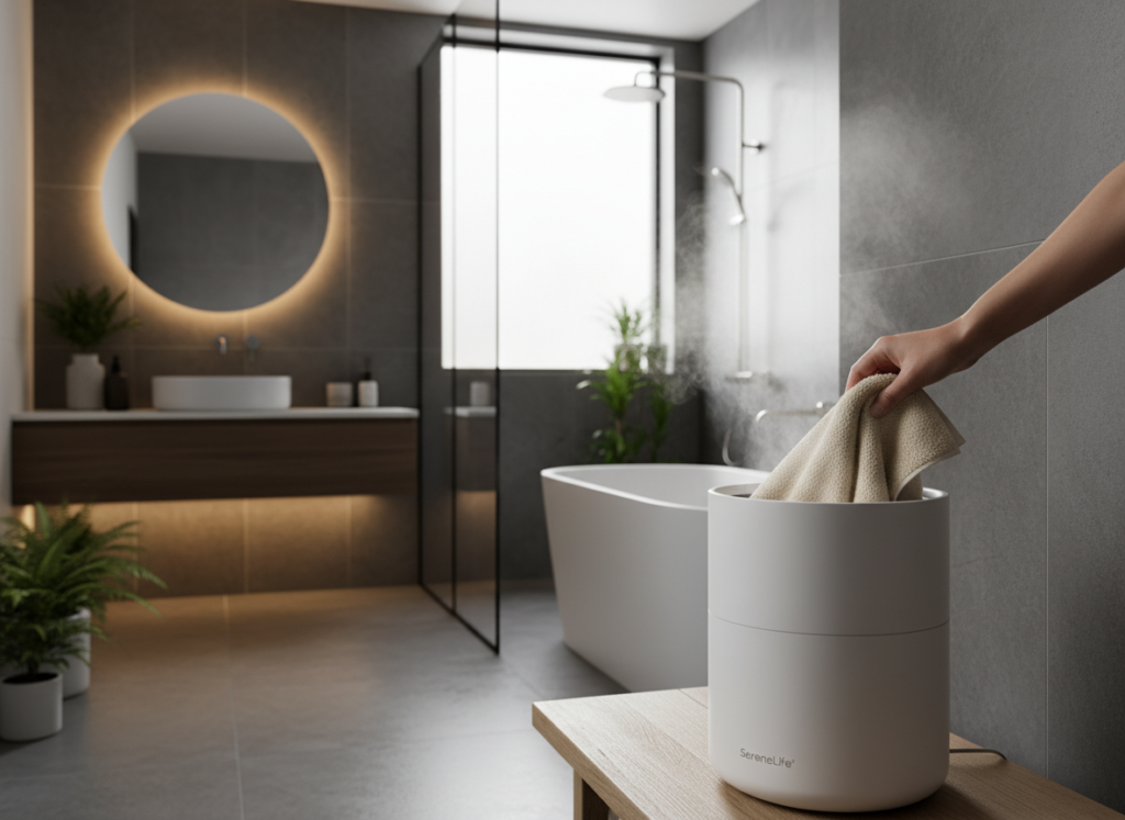 SereneLife portable towel warmer with warm towels in a modern bathroom setting