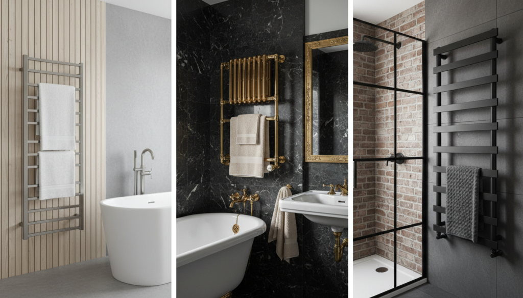 Side-by-side comparison of different runtal towel warmer models in bathroom settings