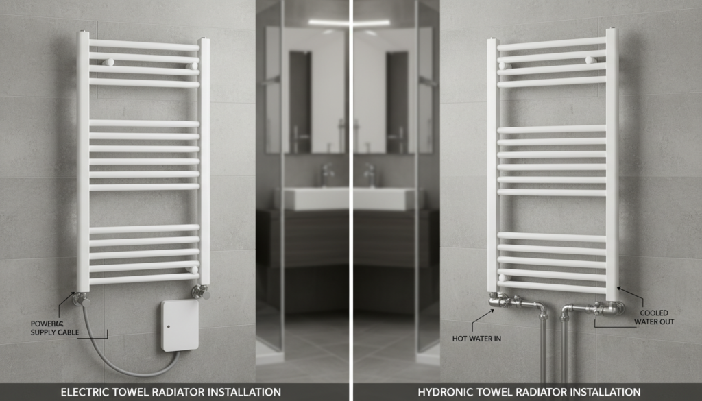 Side-by-side comparison of electric and hydronic towel radiator installations