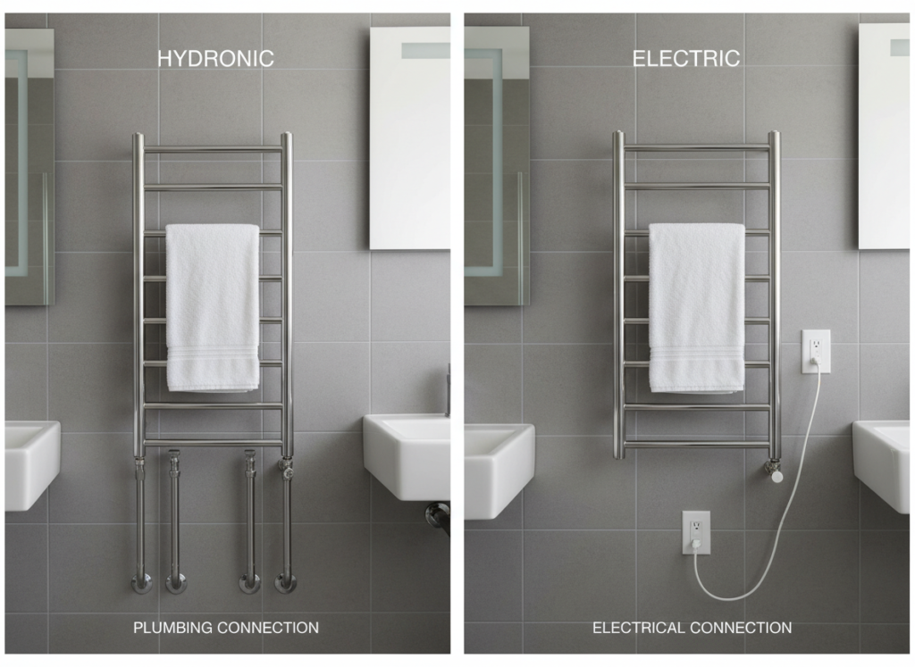 Side-by-side comparison of hydronic and electric towel warmer models showing their different designs