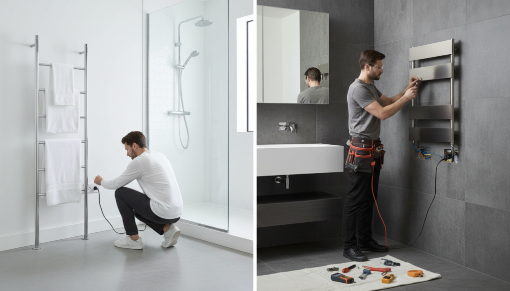 Side-by-side comparison of plug-in and hardwired towel warmer installation