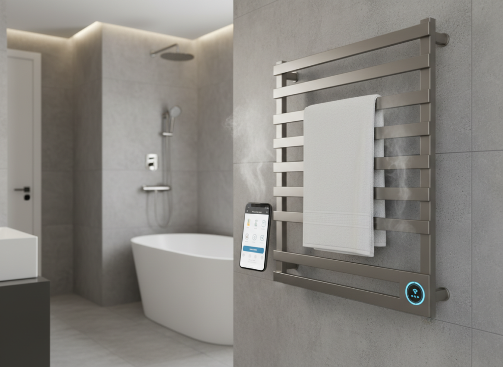 Smart heated towel rail with WiFi controls and energy monitoring
