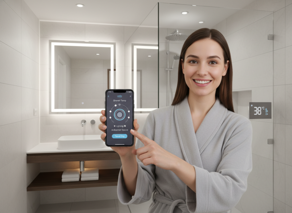 Smart home bathroom with person controlling towel warmer via smartphone Smart home bathroom with person controlling towel warmer via smartphone