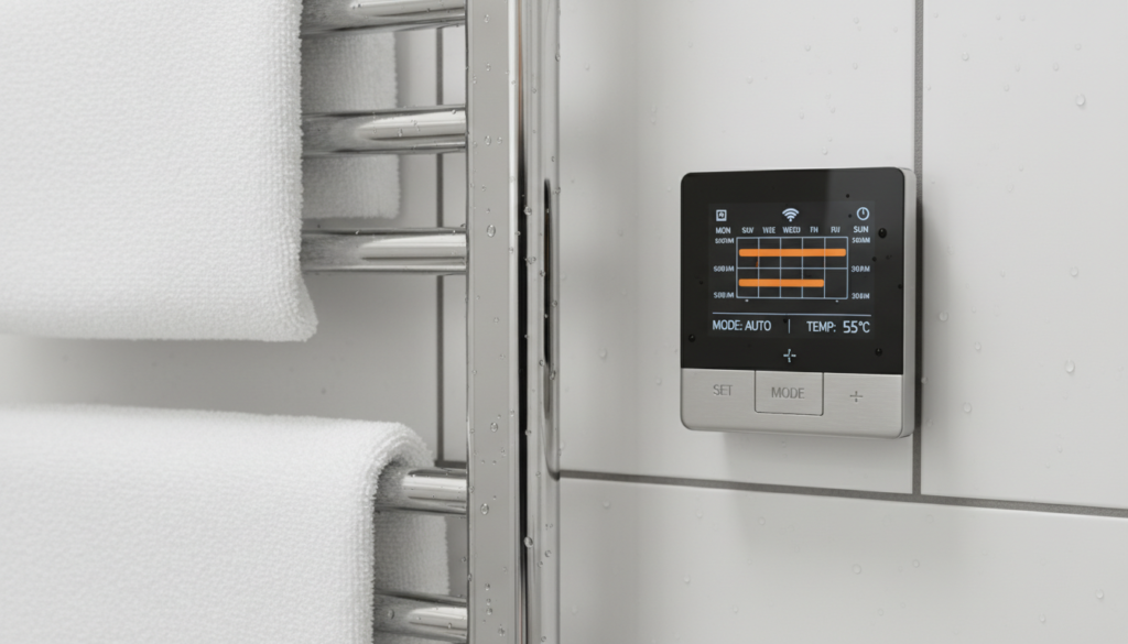 Smart timer connected to a heated towel rail showing energy-saving settings