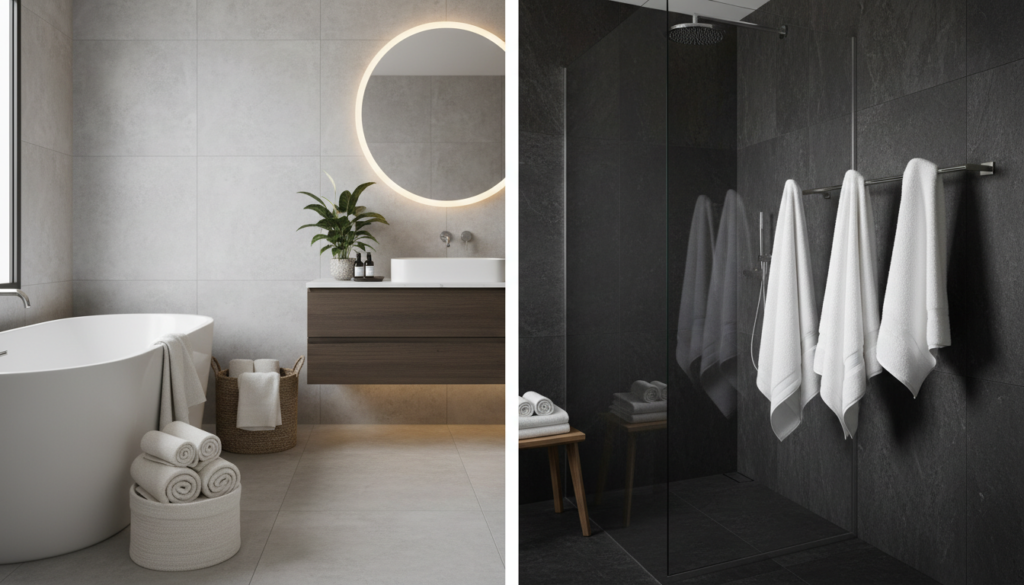 Split image showing both bucket and rack style towel warmers in use in different bathroom settings