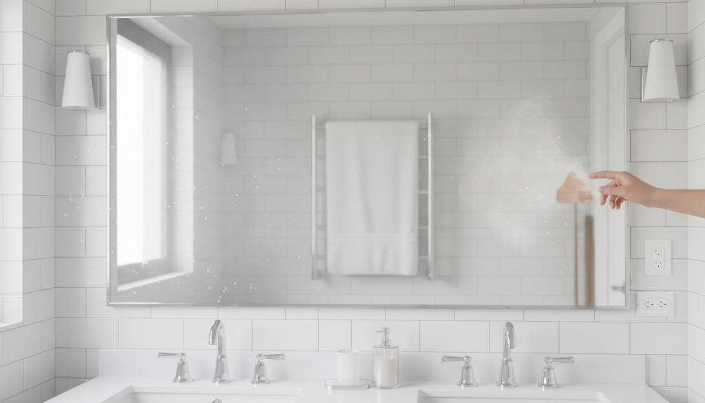 Steam-free bathroom mirror next to where a towel warmer would be installed, showing humidity reduction benefits Steam-free bathroom mirror next to where a towel warmer would be installed, showing humidity reduction benefits