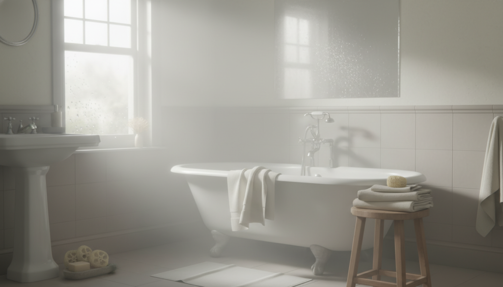 Steam rising in a bathroom showing the comfort of warm towels