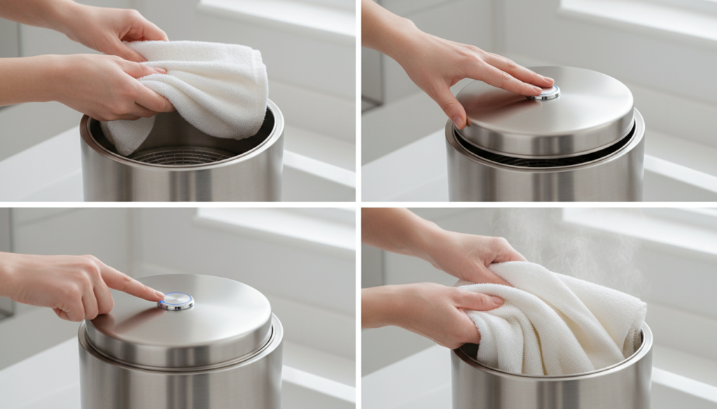 Step-by-step demonstration of using a towel warmer