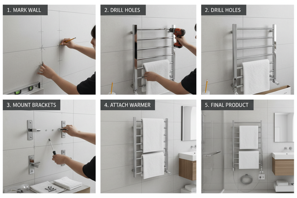 Step-by-step installation of a vertical towel warmer