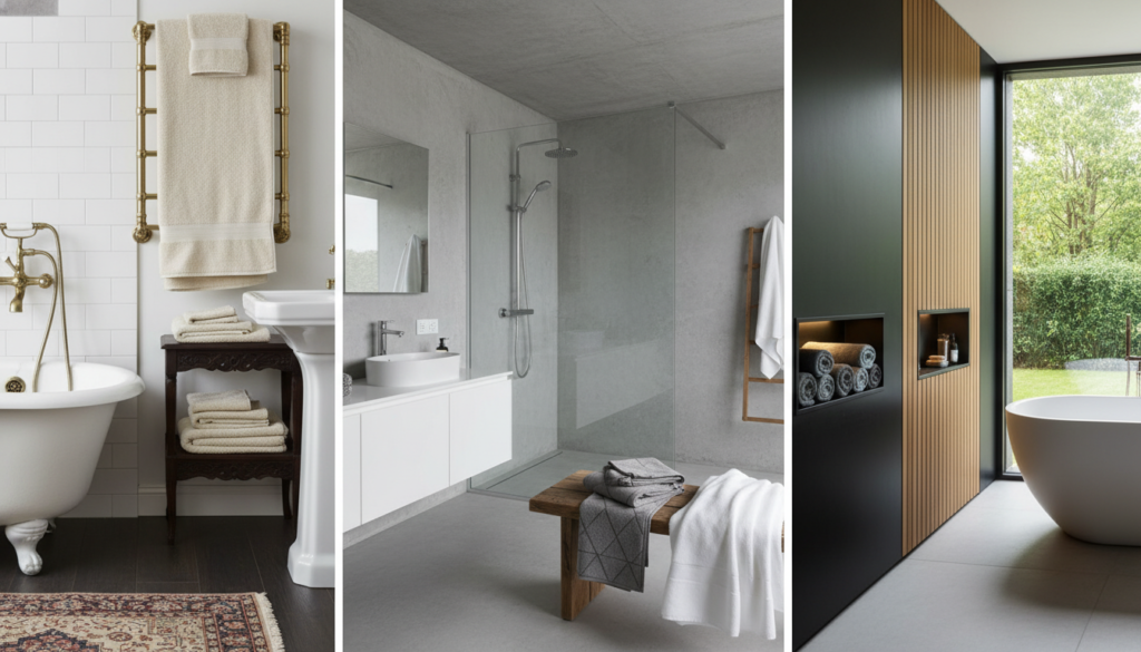 Three different bathroom styles showing where each Artos towel warmer model would fit best Three different bathroom styles showing where each Artos towel warmer model would fit best