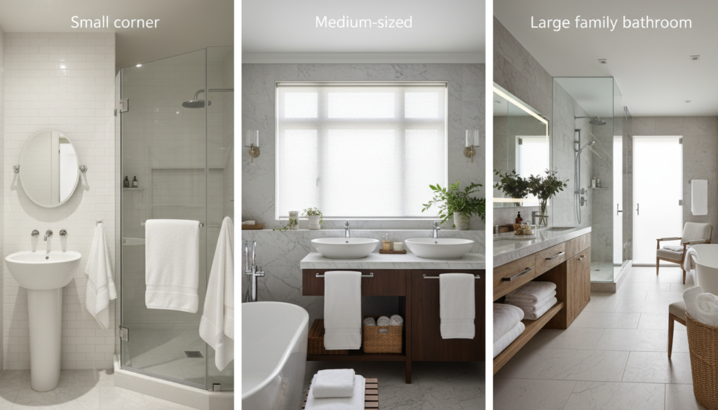 Three different sized vevor towel warmer models shown in a modern bathroom setting Three different sized vevor towel warmer models shown in a modern bathroom setting