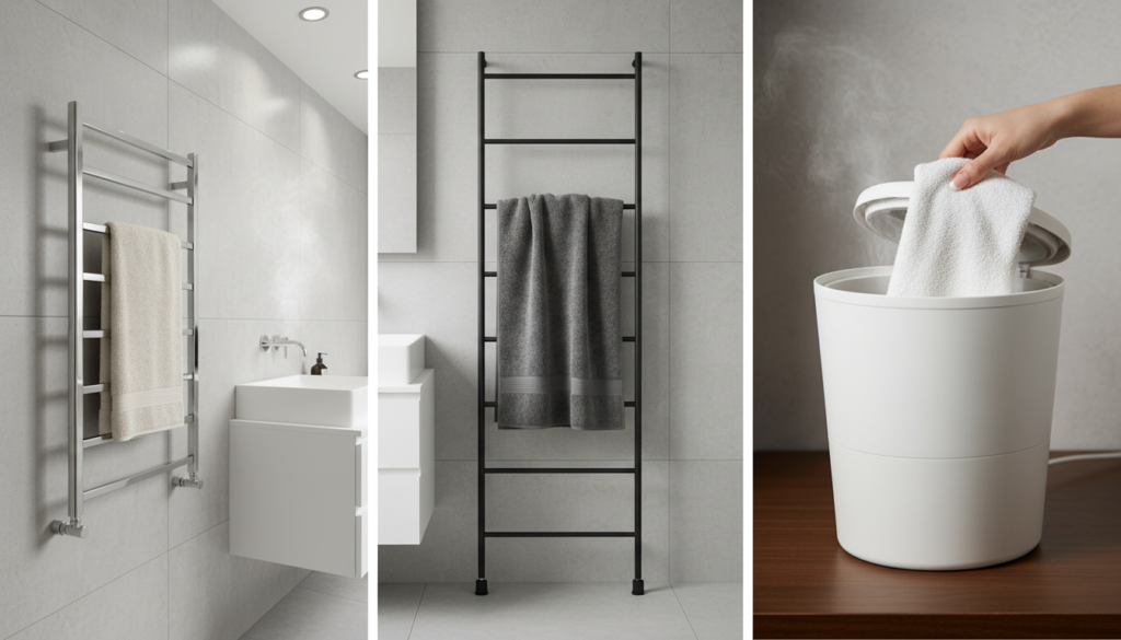 Three different types of towel warmers shown in a modern bathroom setting