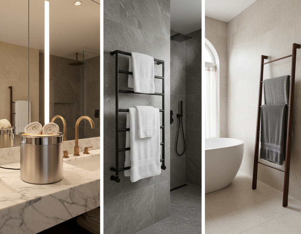 Three types of luxury towel warmers displayed in elegant bathrooms