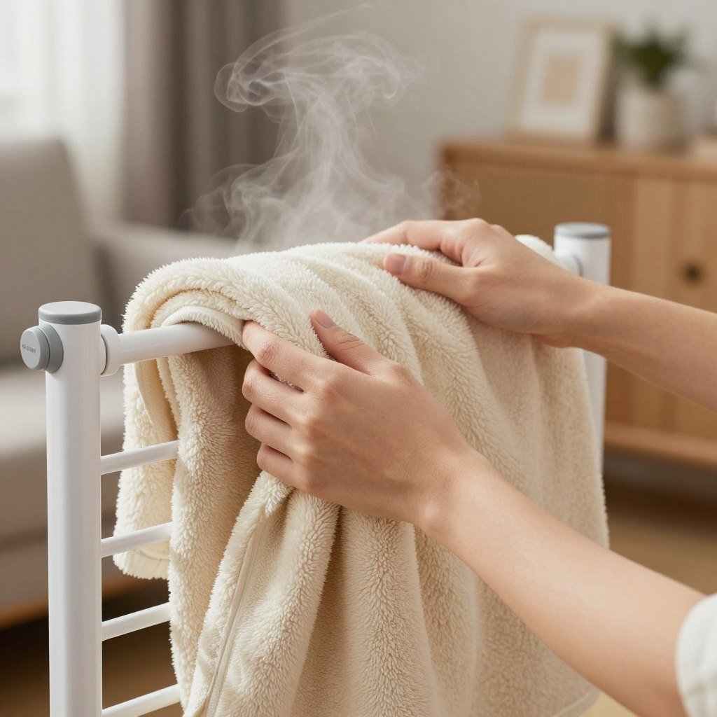 Throw blanket being warmed in a Keenray towel warmer