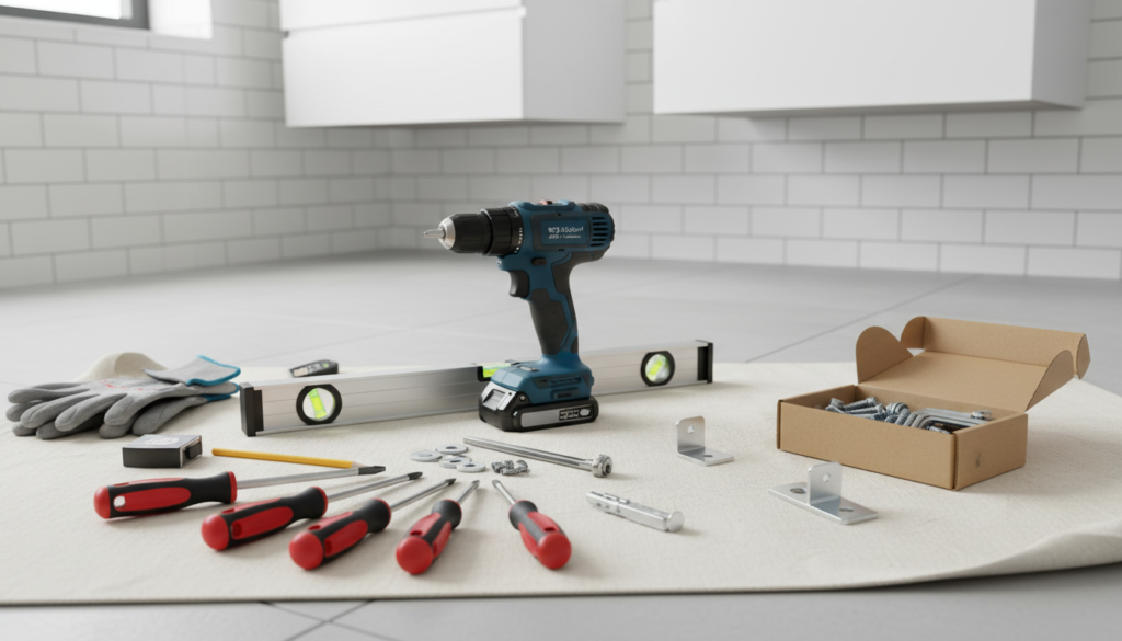 Tools laid out for towel radiator installation