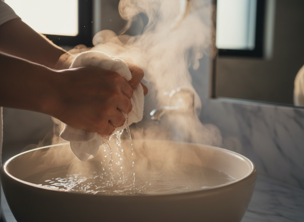 Towel being soaked in hot water basin demonstrating how to heat towels with water