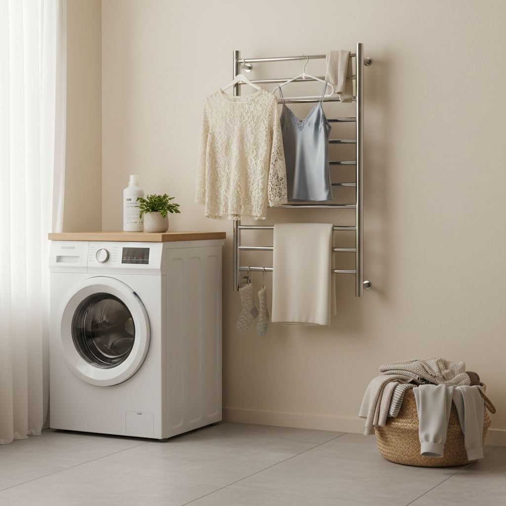 Towel warmer in laundry room for delicate items