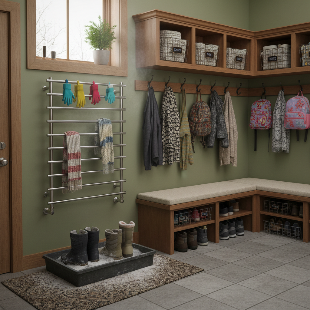 Towel warmer in mudroom drying wet winter clothes