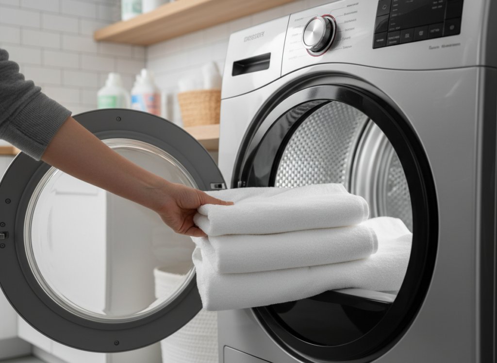 Towels being placed in a dryer showing how to heat towels for a dry, fluffy result