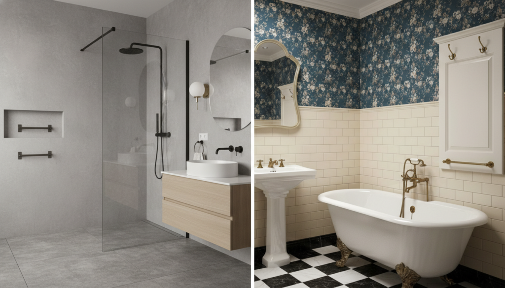 Two bathroom settings side by side, comparing different towel warmer styles and their impact on bathroom comfort