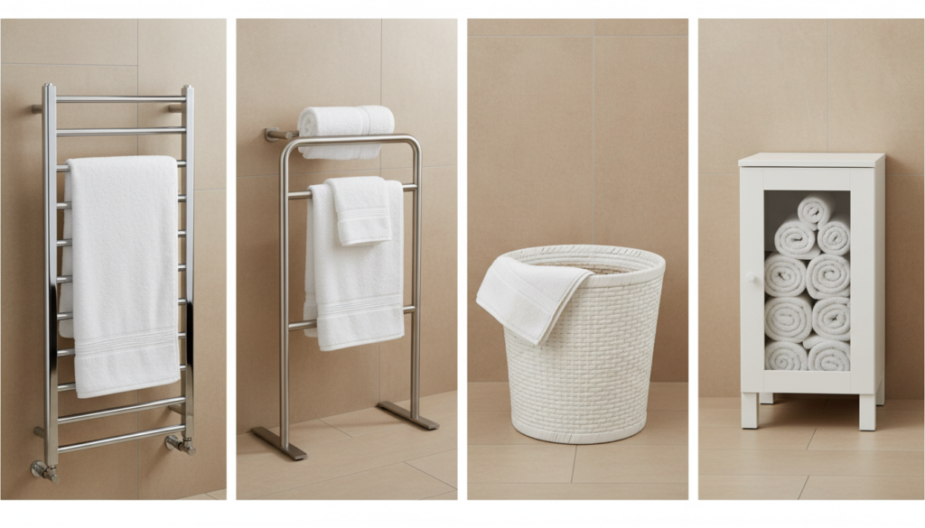 Various heated towel rails displayed side by side for comparison