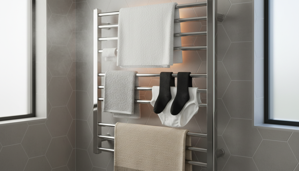 Various items safely warming on a heated towel rack including towels and light clothing