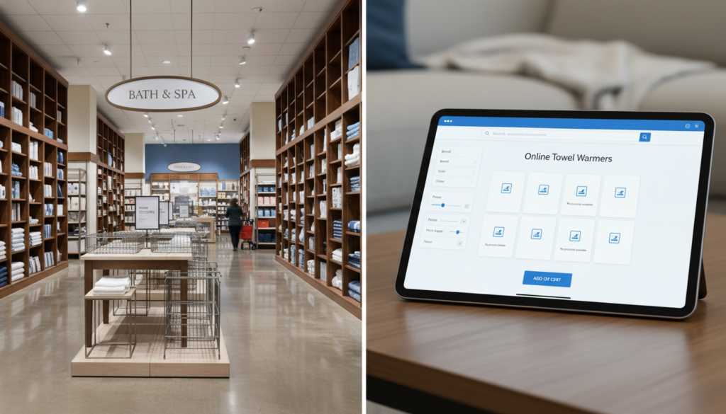 Various shopping options for towel warmers, including online and physical stores Various shopping options for towel warmers, including online and physical stores