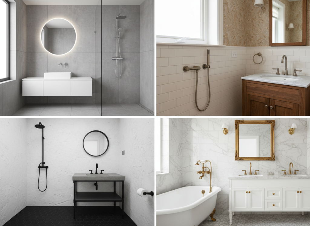 Various towel warmer finishes displayed in different bathroom styles